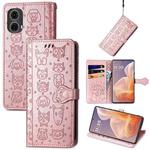 For Motorola Moto G85 Cat and Dog Embossed Leather Phone Case(Rose Gold)