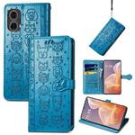 For Motorola Moto G85 Cat and Dog Embossed Leather Phone Case(Blue)