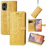 For Motorola Moto G85 Cat and Dog Embossed Leather Phone Case(Yellow)