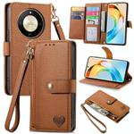 For Honor X50 Love Zipper Lanyard Leather Phone Case(Brown)