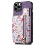 For iPhone 12 Pro Retro Painted Zipper Wallet Back Phone Case(Purple)