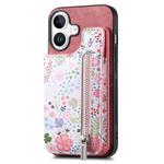 For iPhone 16 Retro Painted Zipper Wallet Back Phone Case(Pink)