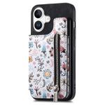 For iPhone 16 Retro Painted Zipper Wallet Back Phone Case(Black)