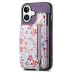 For iPhone 16 Plus Retro Painted Zipper Wallet Back Phone Case(Purple)