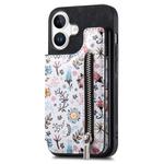 For iPhone 16 Plus Retro Painted Zipper Wallet Back Phone Case(Black)