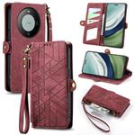 For Huawei Mate 60 Pro Geometric Zipper Wallet Side Buckle Leather Phone Case(Red)