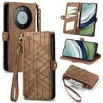 For Huawei Mate 60 Pro Geometric Zipper Wallet Side Buckle Leather Phone Case(Brown)