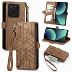 For Xiaomi 13T / 13T Pro Geometric Zipper Wallet Side Buckle Leather Phone Case(Brown)