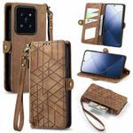 For Xiaomi 14 Pro Geometric Zipper Wallet Side Buckle Leather Phone Case(Brown)