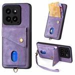 For Xiaomi 14 Retro Card Wallet Fold Leather Phone Case with Strap(Purple)