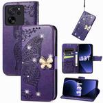 For Xiaomi 13T / 13T Pro Rhinestones Butterfly Love Flower Embossed Leather Phone Case(Dark Purple)