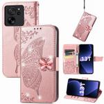 For Xiaomi 13T / 13T Pro Rhinestones Butterfly Love Flower Embossed Leather Phone Case(Rose Gold)