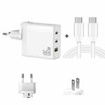 GAN 65W PD45W Dual Type-C / QC3.0 USB  Multi Compatible Charger + 2m USB-C to USB-C Data Cable EU + US Plug White