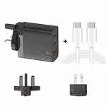 GAN 65W PD45W Dual Type-C / QC3.0 USB  Multi Compatible Charger + 2m USB-C to USB-C Data Cable UK + US Plug Black