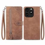 For Tecno Itel A70 Embossed Flower Zipper Leather Phone Case(Brown)