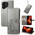 For Tecno Pova 5 4G Four-leaf Clasp Embossed Buckle Leather Phone Case(Grey)