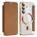 For Samsung Galaxy S25+ 5G Shield MagSafe RFID Anti-theft Leather Phone Case(Brown)