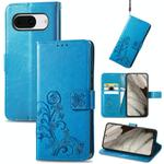 For Google  Pixel 8 Four-leaf Clasp Embossed Leather Phone Case(Blue)