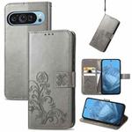 For Google Pixel 9 Four-leaf Clasp Embossed Leather Phone Case(Grey)