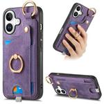 For iPhone 16 Plus Retro Skin-feel Ring Card Bag Phone Case with Hang Loop(Purple)