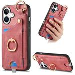 For iPhone 16 Plus Retro Skin-feel Ring Card Bag Phone Case with Hang Loop(Pink)