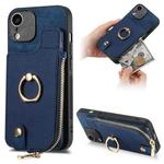 For iPhone XR Cross Leather Ring Vertical Zipper Wallet Back Phone Case(Blue)