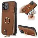 For iPhone 12 Cross Leather Ring Vertical Zipper Wallet Back Phone Case(Brown)