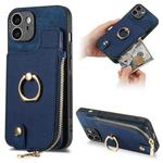 For iPhone 12 Cross Leather Ring Vertical Zipper Wallet Back Phone Case(Blue)