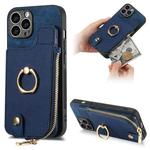 For iPhone 13 Pro Cross Leather Ring Vertical Zipper Wallet Back Phone Case(Blue)