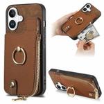 For iPhone 16 Cross Leather Ring Vertical Zipper Wallet Back Phone Case(Brown)