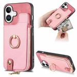 For iPhone 16 Cross Leather Ring Vertical Zipper Wallet Back Phone Case(Pink)