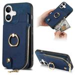 For iPhone 16 Cross Leather Ring Vertical Zipper Wallet Back Phone Case(Blue)