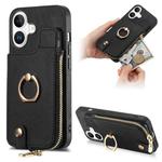 For iPhone 16 Cross Leather Ring Vertical Zipper Wallet Back Phone Case(Black)