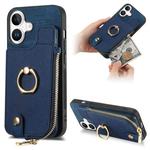 For iPhone 16 Plus Cross Leather Ring Vertical Zipper Wallet Back Phone Case(Blue)