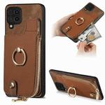 For Samsung Galaxy A22 4G Cross Leather Ring Vertical Zipper Wallet Back Phone Case(Brown)