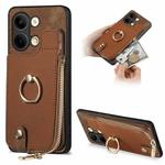 For OPPO Reno9 Cross Leather Ring Vertical Zipper Wallet Back Phone Case(Brown)