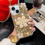 For iPhone 15 Sunflower Holder Hand-set Diamond PC Phone Case(Gold)