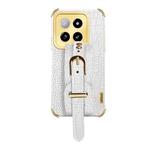 For Xiaomi 14 Electroplated Wrist Strap Crocodile Leather Back Phone Case(White)