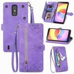 For ZTE Blade A32 Embossed Flower Zipper Leather Phone Case(Purple)