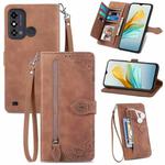 For ZTE Blade A53 Embossed Flower Zipper Leather Phone Case(Brown)