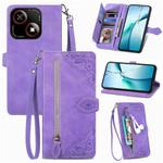 For ZTE Blade A35e 4G Embossed Flower Zipper Leather Phone Case(Purple)