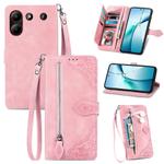 For ZTE Blade A54 Embossed Flower Zipper Leather Phone Case(Pink)