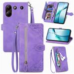 For ZTE Blade A54 Embossed Flower Zipper Leather Phone Case(Purple)