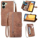 For Xiaomi Redmi 13C Embossed Flower Zipper Leather Phone Case(Brown)