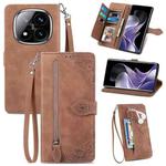 For Xiaomi Redmi Note 14 Pro+ 5G Embossed Flower Zipper Leather Phone Case(Brown)
