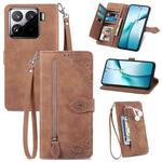 For Xiaomi 15 Embossed Flower Zipper Leather Phone Case(Brown)