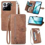 For Xiaomi 15 Pro Embossed Flower Zipper Leather Phone Case(Brown)