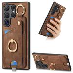 For Samsung Galaxy S23 Ultra 5G Retro Skin-feel Ring Card Bag Phone Case with Hang Loop(Brown)