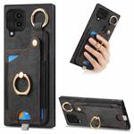 For Samsung Galaxy M32 4G Retro Skin-feel Ring Card Bag Phone Case with Hang Loop(Black)