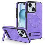 For iPhone 15 Plus Multi-function Holder MagSafe PU Phone Case(Purple)